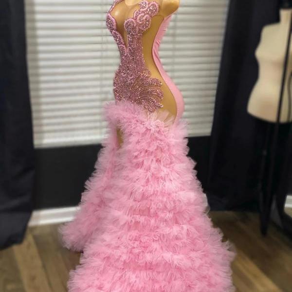 Rhinestone Pink Prom Dresses, Fashion Queen Party Dresses, Tiered Prom Dresses, Diamonds Evening Dresses, Vestidos De Gala, Formal Occasion Dresses, Pageant Dresses for Women, Homecoming Dresses, Robe De Soiree Femme