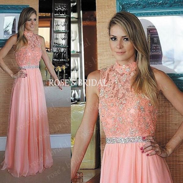 High Neck Prom Dress, Pink Prom Dresses, Lace Prom Dress, Elegant Prom