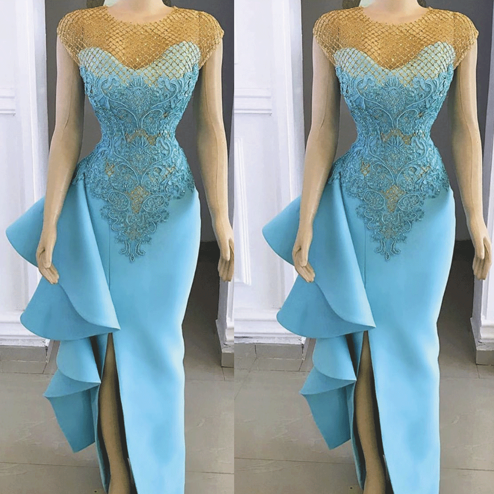 Blue Evening Dress, Lace Applique Evening Dress, Evening Dresses Long ...