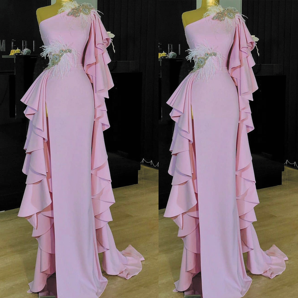 Pink Evening Dress, Feather Evening Dresses, One Shoulder Evening Dress ...
