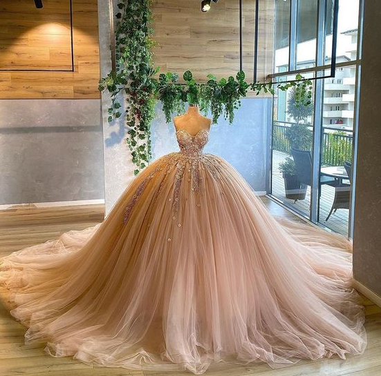 Champagne Prom Dress, Ball Gown Prom Dresses, Sweetheart Neck Prom