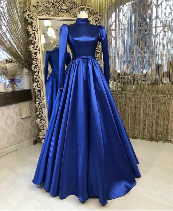 High Neck Prom Dress, Royal Blue Prom Dresses, Satin Prom Dresses, 2022 ...