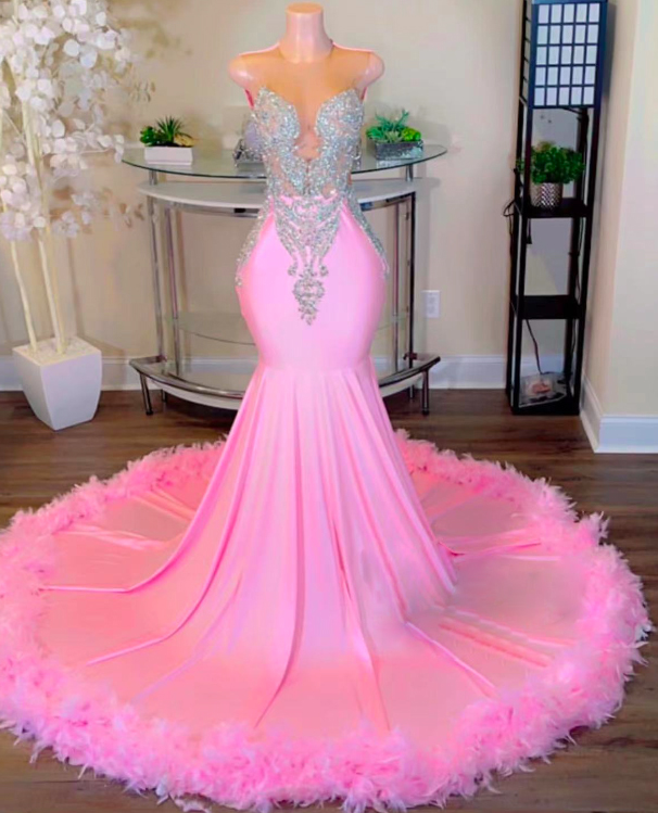 Pink Prom Dresses, Diamonds Party Dresses, Feather Prom Dresses, O Neck ...