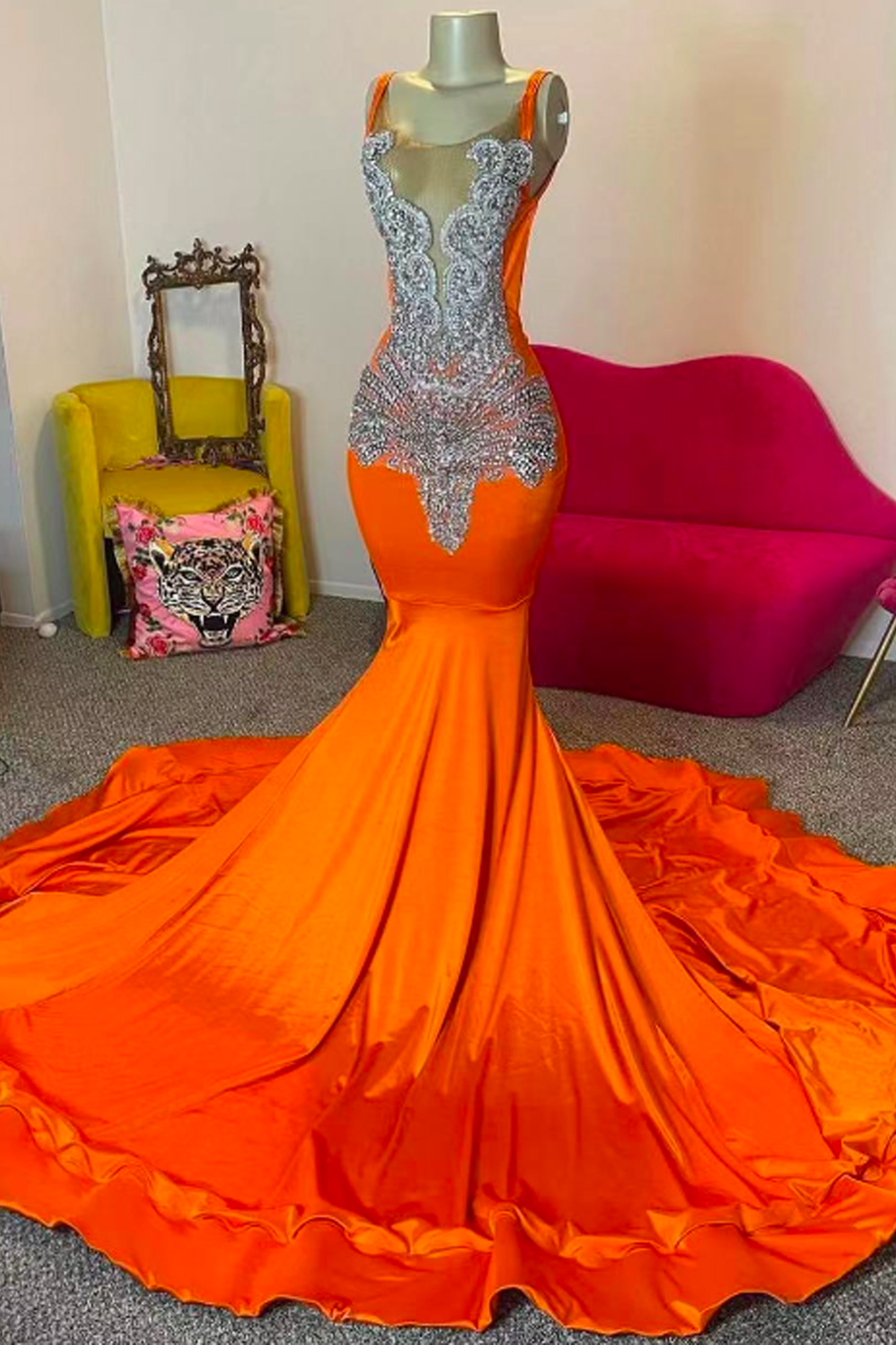 Crystals Prom Dresses, Orange Prom Dresses, Mermaid Evening Dresses