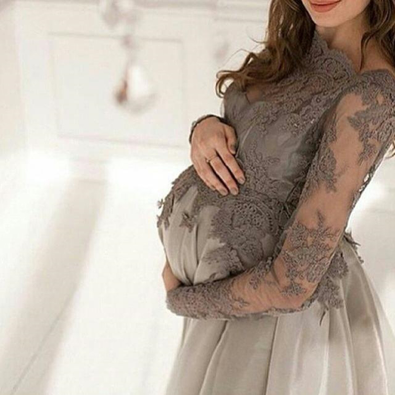 Grey Maternity  Prom  Dress  Lace Pregnant  Evening Dresses  
